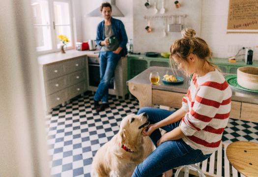 Family and dog in kitchen
